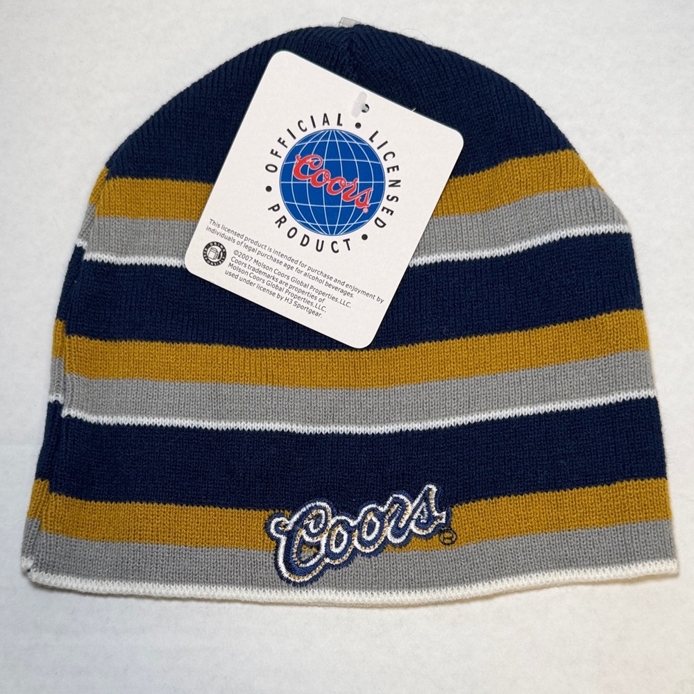 Coors Licensed Striped Knit Beanie Hat Navy Blue, Mustard & Gray Thin